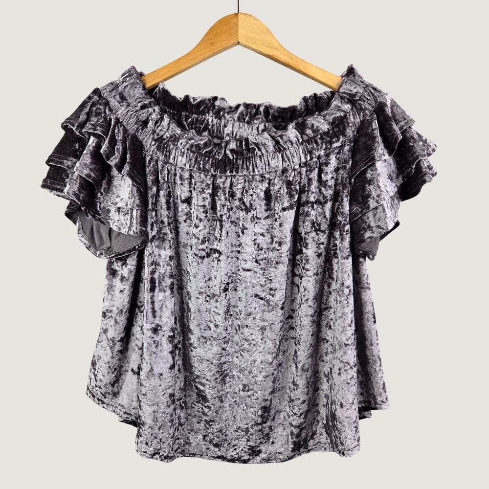 Umgee Crushed Velvet Top L Titanium Off Shoulder Ruffle Boho Whimsigoth Festival